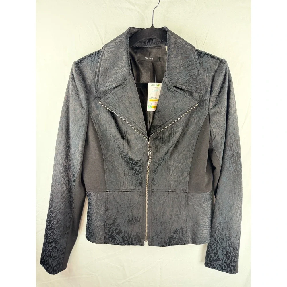 Tahari Womens Black Jacquard Moto Jacket Zip Front Peplum Hem Size 8